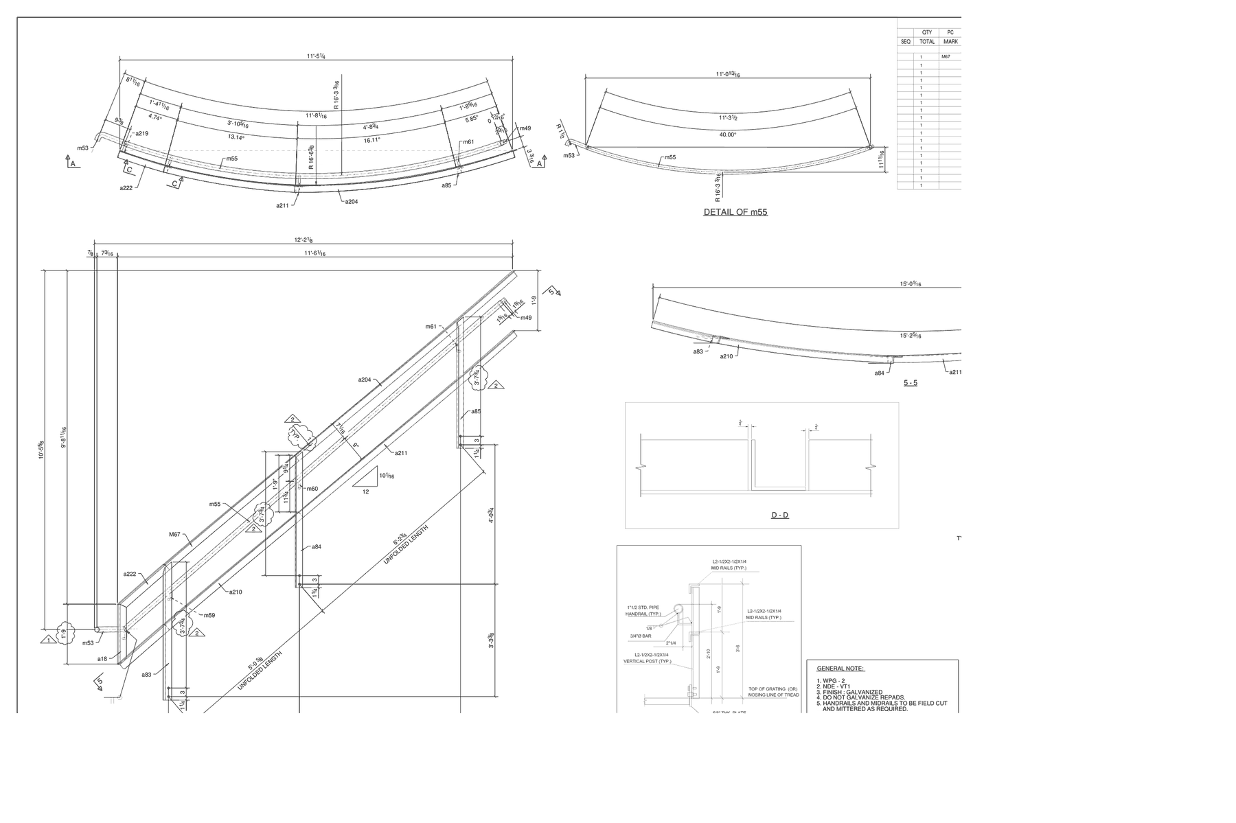 Curved stair assembly with sections