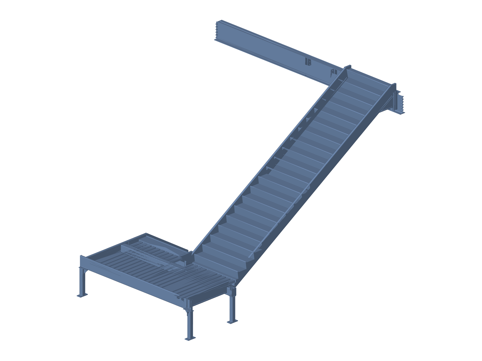 One assembly: a stair flight with its landing, stringers and treads