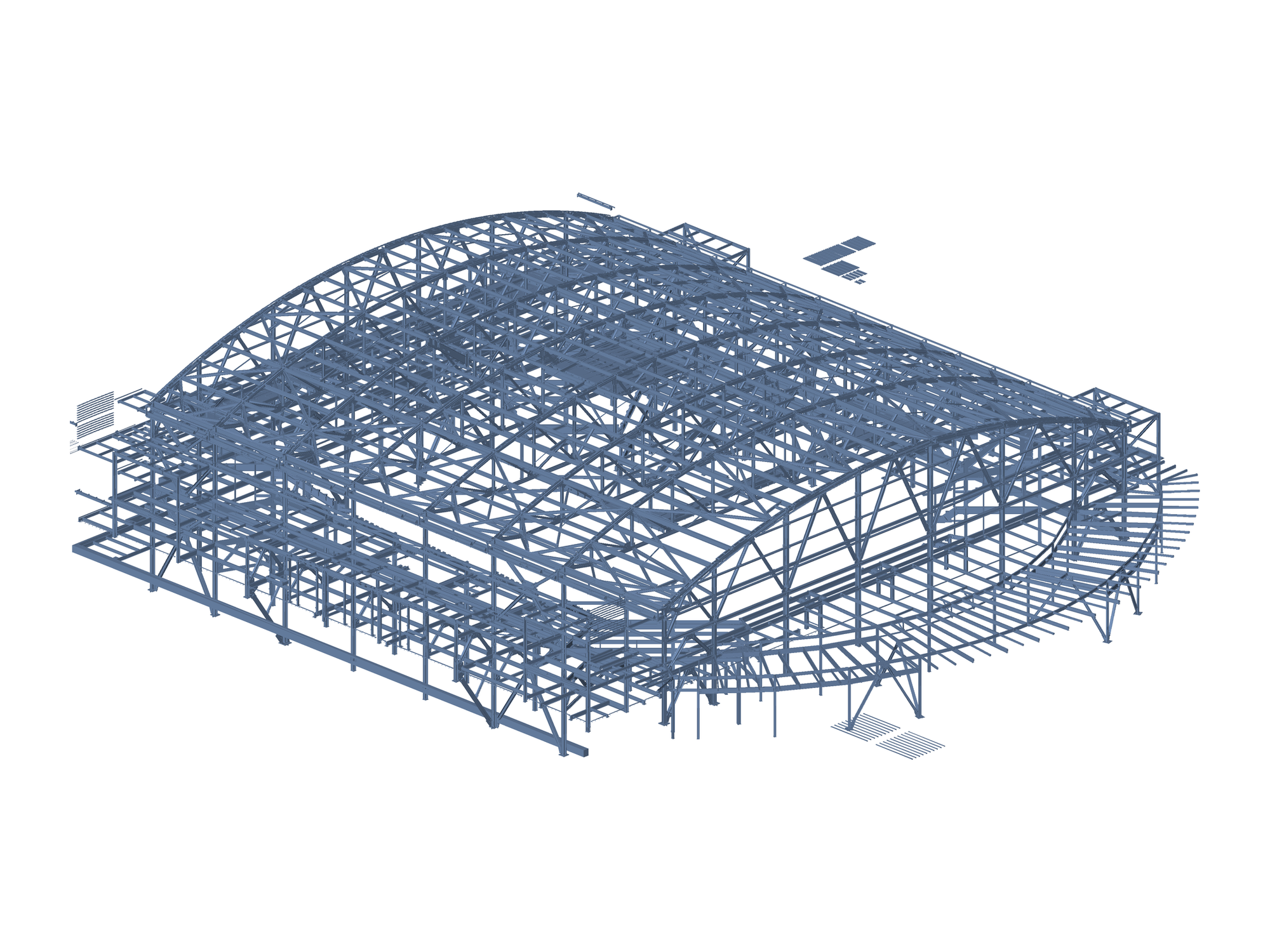 Whole structure: long-span curved roof trusses over tiered seating framing